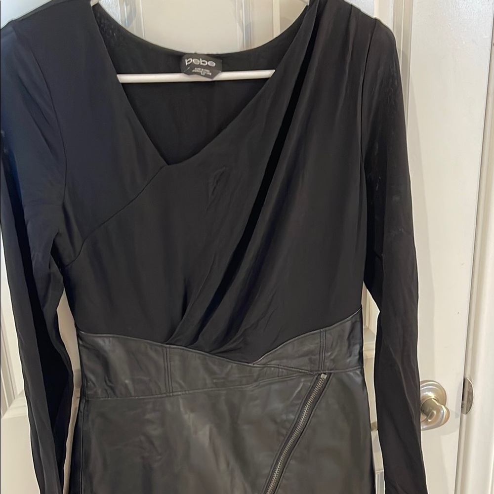 Bebe Elegant Black Long Sleeve Dress with Leather Accents